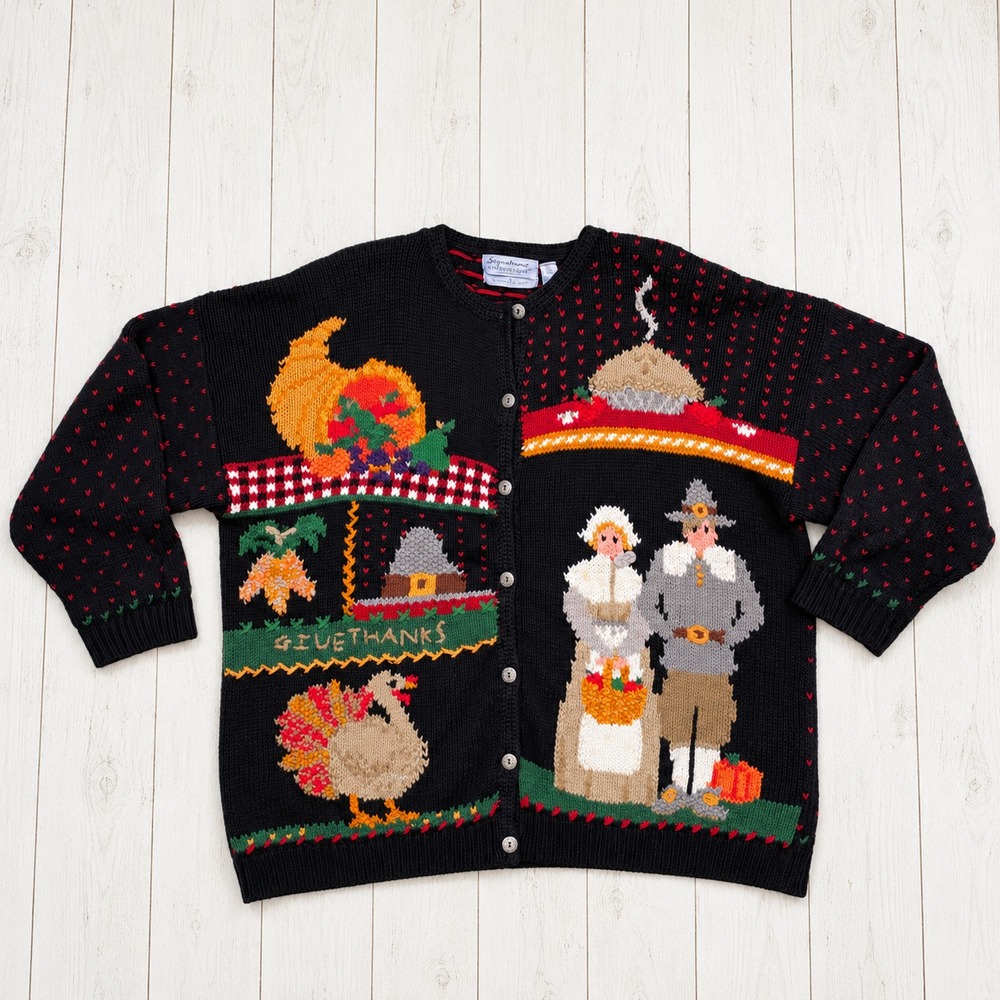 Vintage Northern Isles Hand Knit Thanksgiving Cardigan 3X Chunky Turkey Pilgrim